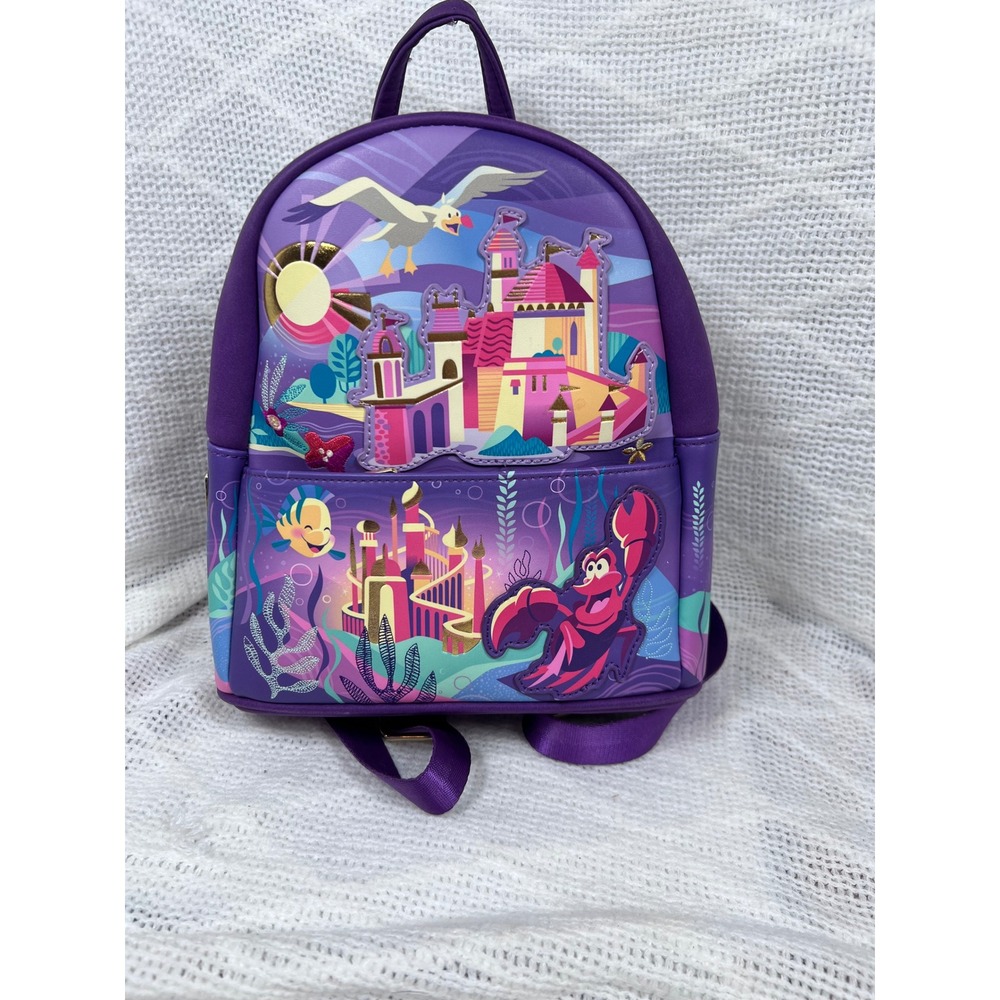 Loungefly Disney Little Mermaid Mini Backpack Purple Ariel Eric Castle Excellent - Picture 1 of 5